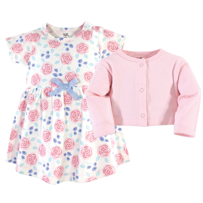 Touched by Nature Baby and Toddler Girl Organic Cotton Dress and Cardigan 2 Piece Set, Pink Rose