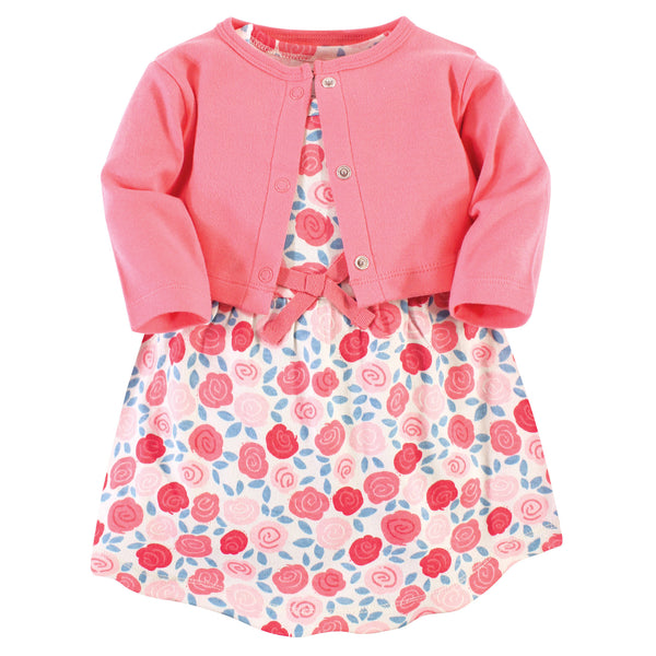 Touched by Nature Baby and Toddler Girl Organic Cotton Dress and Cardigan 2 Piece Set, Rosebud