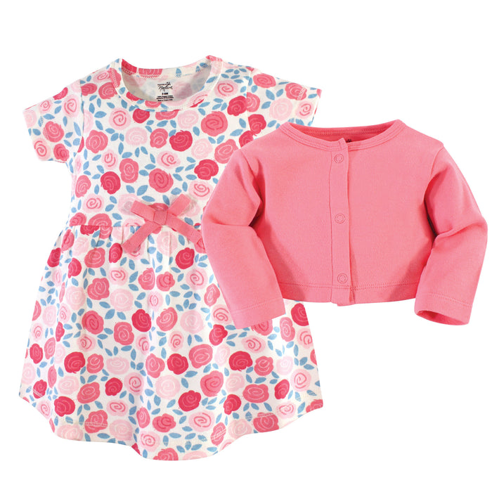 Touched by Nature Baby and Toddler Girl Organic Cotton Dress and Cardigan 2 Piece Set, Rosebud
