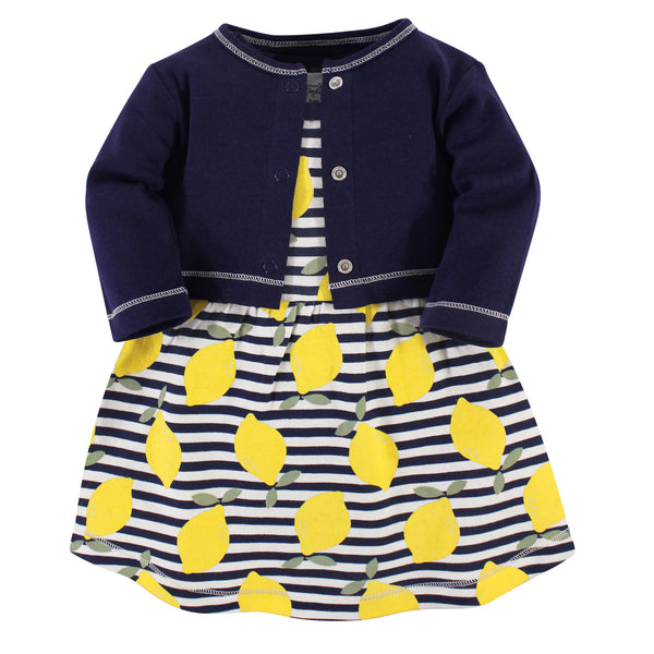 Touched by Nature Baby and Toddler Girl Organic Cotton Dress and Cardigan 2 Piece Set, Lemons