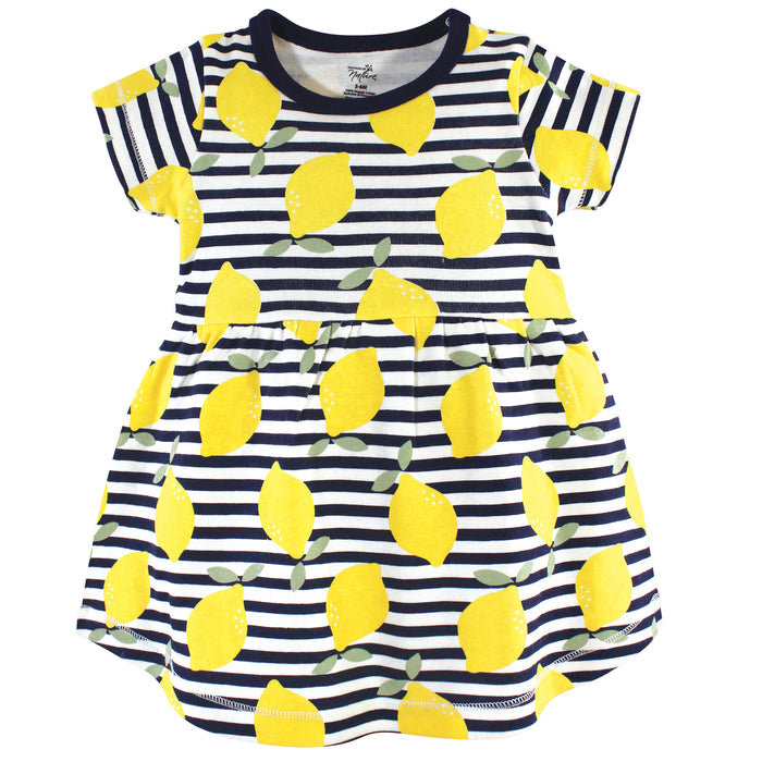 Touched by Nature Baby and Toddler Girl Organic Cotton Dress and Cardigan 2 Piece Set, Lemons