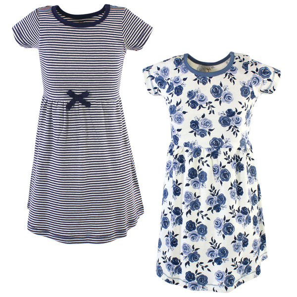 Touched by Nature Big Girls and Youth Organic Cotton Short-Sleeve Dresses 2-Pack, Navy Floral