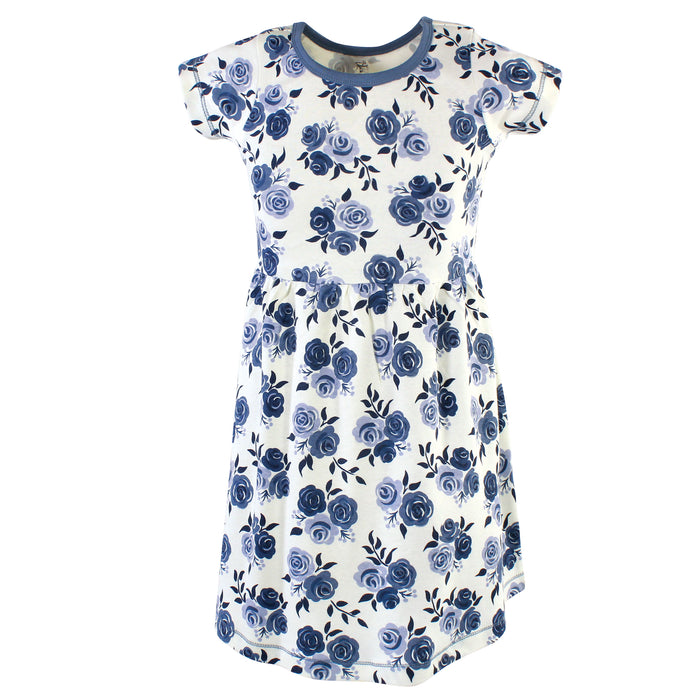 Touched by Nature Big Girls and Youth Organic Cotton Short-Sleeve Dresses 2-Pack, Navy Floral
