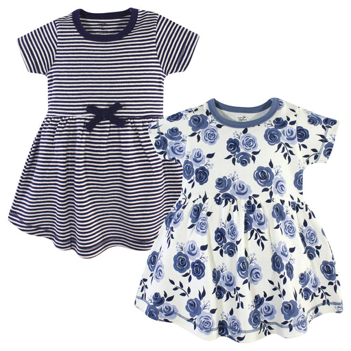 Touched by Nature Baby and Toddler Girl Organic Cotton Short-Sleeve Dresses 2 Pack, Navy Floral