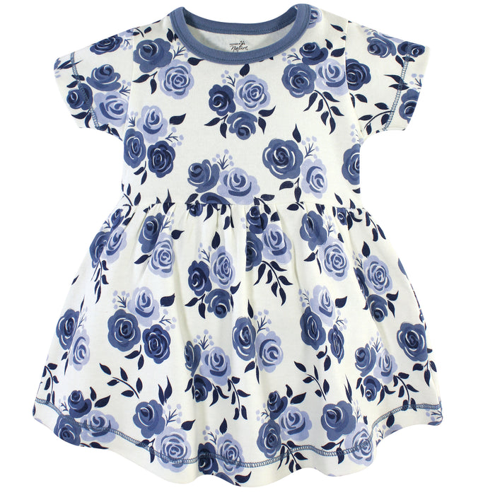 Touched by Nature Baby and Toddler Girl Organic Cotton Short-Sleeve Dresses 2 Pack, Navy Floral
