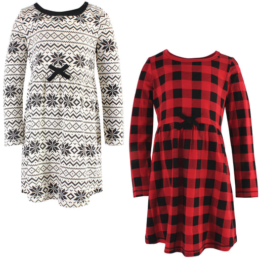 Touched by Nature Girls Organic Cotton Long-Sleeve Dresses 2-Pack, Buffalo Plaid