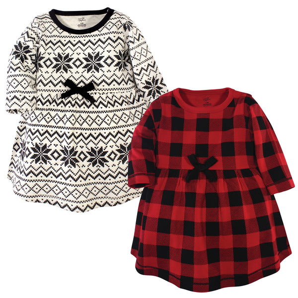 Touched by Nature Baby and Toddler Girl Organic Cotton Long-Sleeve Dresses 2 Pack, Buffalo Plaid