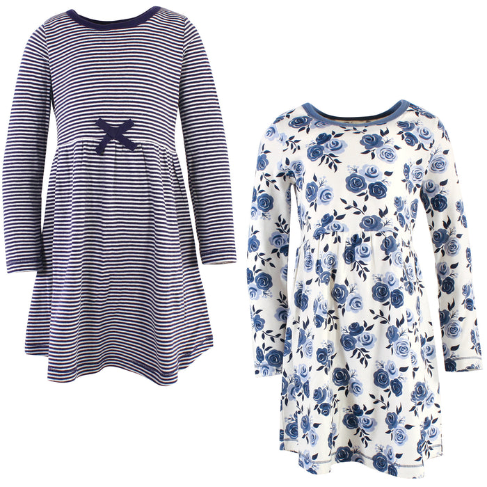 Touched by Nature Big Girls and Youth Organic Cotton Long-Sleeve Dresses 2-Pack, Navy Floral