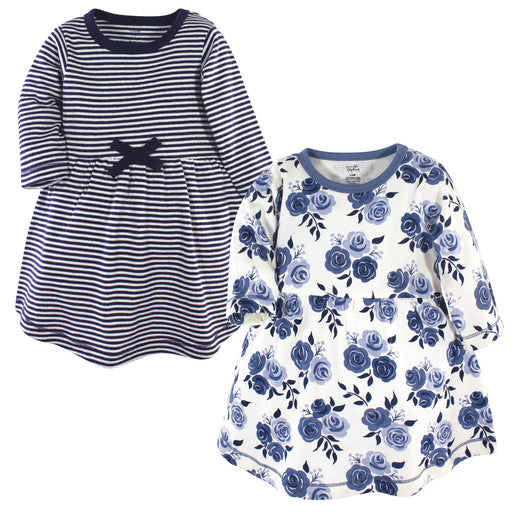 Touched by Nature Baby and Toddler Girl Organic Cotton Long-Sleeve Dresses 2 Pack, Navy Floral