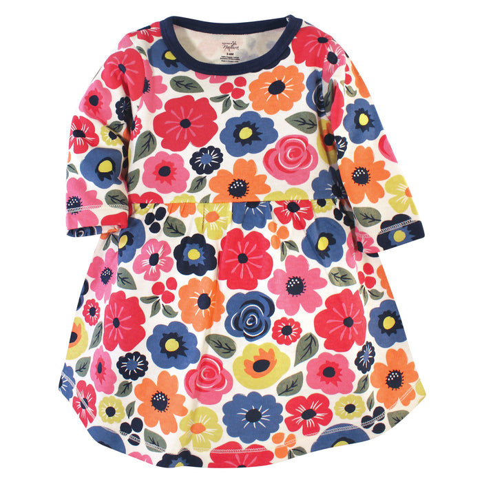Touched by Nature Baby and Toddler Girl Organic Cotton Long-Sleeve Dresses 2 Pack, Bright Flowers