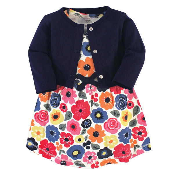 Touched by Nature Baby and Toddler Girl Organic Cotton Dress and Cardigan 2 Piece Set, Bright Flower