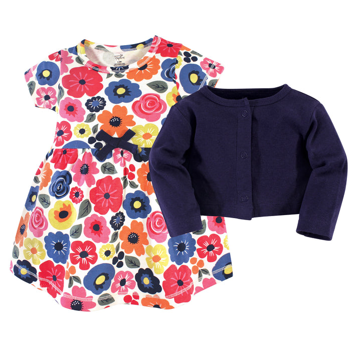 Touched by Nature Baby and Toddler Girl Organic Cotton Dress and Cardigan 2 Piece Set, Bright Flower