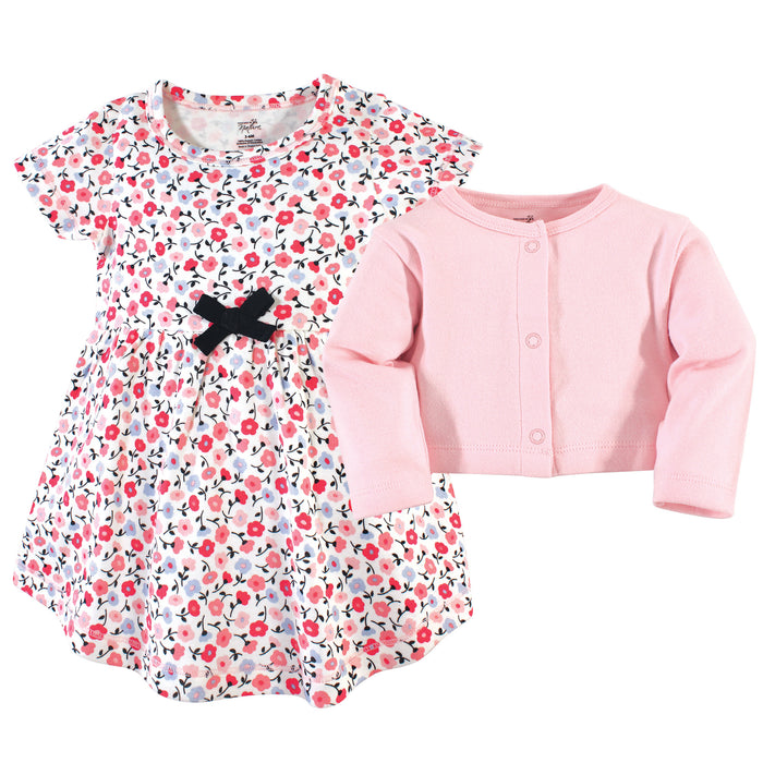 Touched by Nature Baby and Toddler Girl Organic Cotton Dress and Cardigan 2 Piece Set, Ditsy Floral