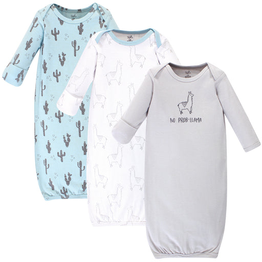 Touched by Nature Baby Boy Organic Cotton Long-Sleeve Gowns 3 Pack, Cactus Llama