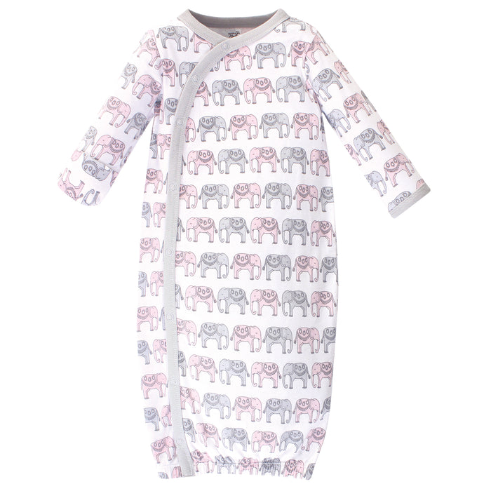 Touched by Nature Baby Girl Organic Cotton Side-Closure Snap Long-Sleeve Gowns 3 Pack, Pink Gray Elephant