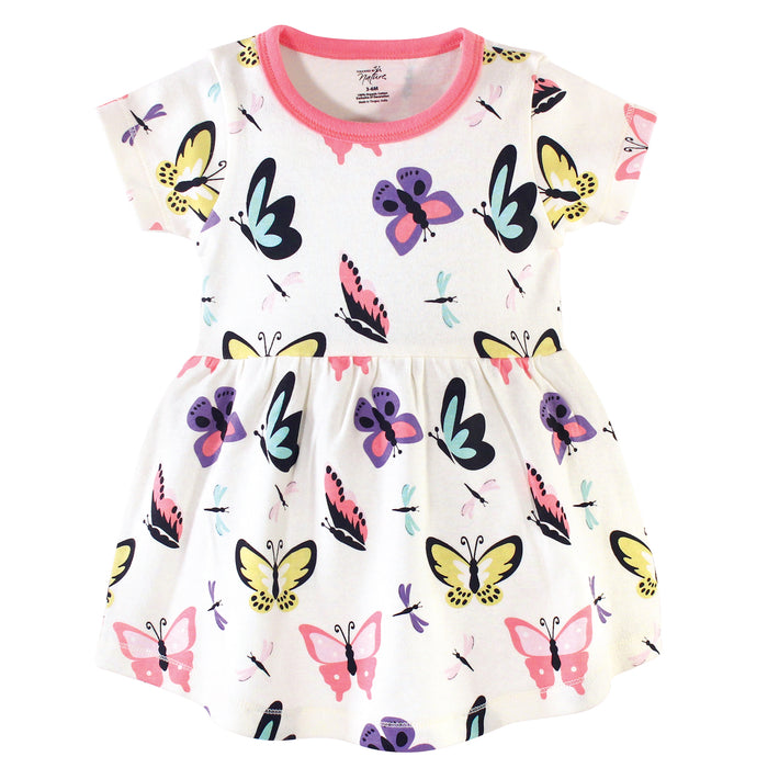 Touched by Nature Baby and Toddler Girl Organic Cotton Short-Sleeve Dresses 2 Pack, Butterflies and Dragonflies