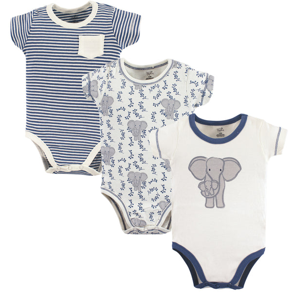 Touched by Nature Baby Boy Organic Cotton Bodysuits 3 Pack, Elephant