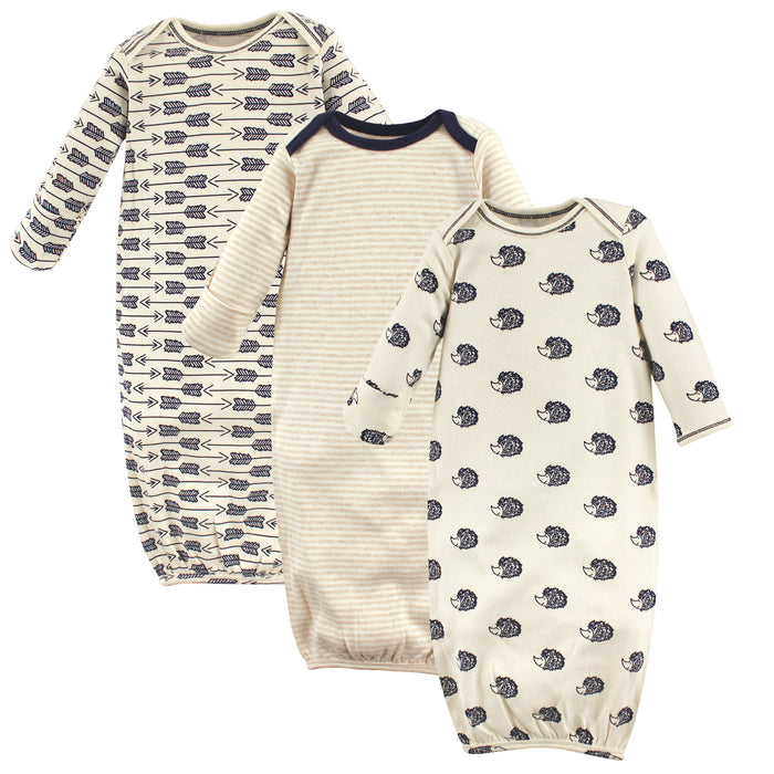 Touched by Nature Baby Boy Organic Cotton Long-Sleeve Gowns 3 Pack, Hedgehog, 0-6 Months