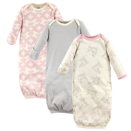 Touched by Nature Baby Girl Organic Cotton Long-Sleeve Gowns 3 Pack, Bird, 0-6 Months
