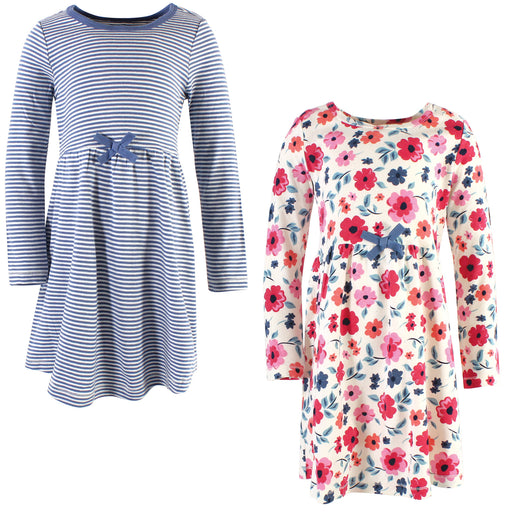 Touched by Nature Big Girls and Youth Organic Cotton Long-Sleeve Dresses 2-Pack, Garden Floral