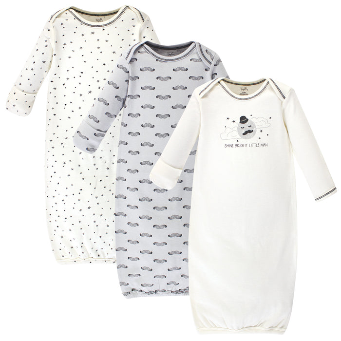 Touched by Nature Baby Boy Organic Cotton Long-Sleeve Gowns 3 Pack, Mr. Moon 0-6 Months