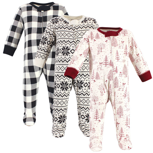 Touched by Nature Baby Organic Cotton Zipper Sleep and Play 3 Pack, Winter Woodland