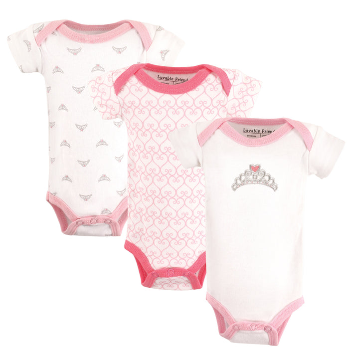 Luvable Friends Baby Girl Cotton Preemie Bodysuits 3 Pack, Tiara Preemie