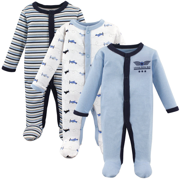 Luvable Friends Baby Boy Cotton Preemie Snap Sleep and Play 3-Pack, Airplane, Preemie