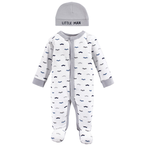 Luvable Friends Cotton Preemie Snap Sleep and Play and Cap Set, Mustache, Preemie