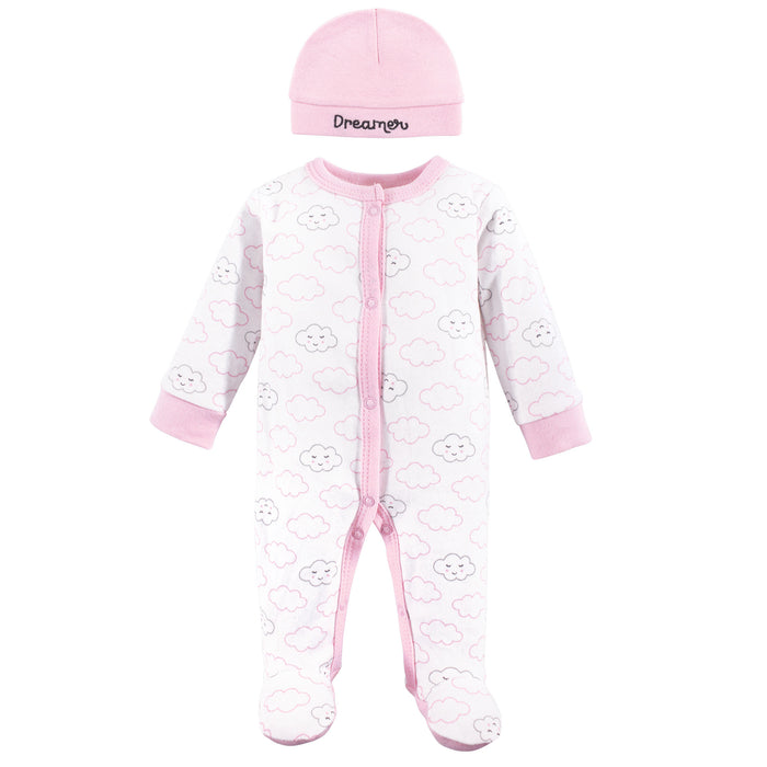 Luvable Friends Cotton Preemie Snap Sleep and Play and Cap Set, Girl Cloud