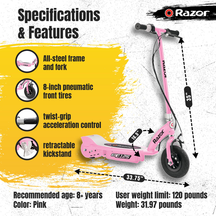 Razor E125 Kids Ride On 24V Motorized Battery Powered Electric Scooter Toy, Pink