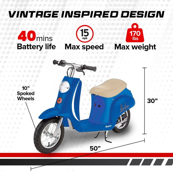 Razor Pocket Mod Miniature Euro 24V Electric Kids Ride On Retro Scooter, Blue