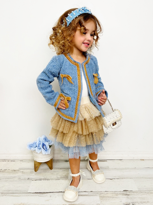 Mia Belle Girls Hello Darling Blue Tweed Jacket And Tulle Skirt