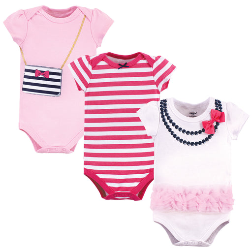 Little Treasure Baby Girl Cotton Bodysuits 3-Pack, Pink Navy Necklace