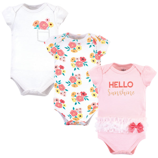 Little Treasure Baby Girl Cotton Bodysuits 3-Pack, Flower Pocket