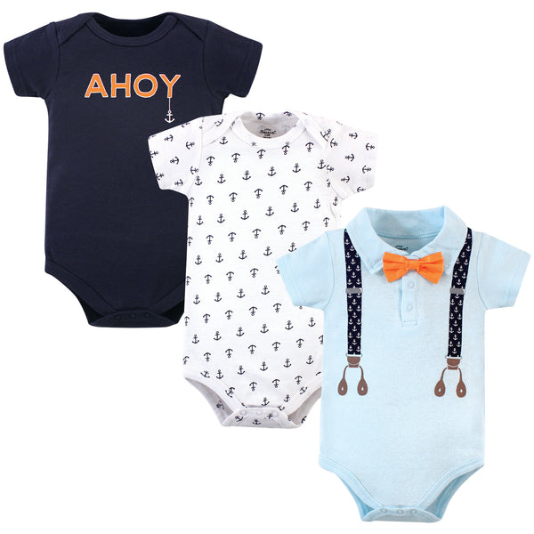 Little Treasure Baby Boy Cotton Bodysuits 3 Pack, Anchor Suspenders