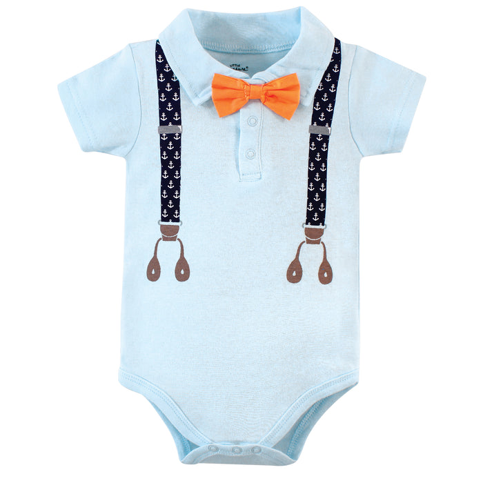 Little Treasure Baby Boy Cotton Bodysuits 3 Pack, Anchor Suspenders
