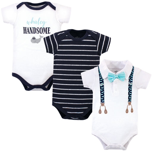 Little Treasure Baby Boy Cotton Bodysuits 3 Pack, Whale Suspenders