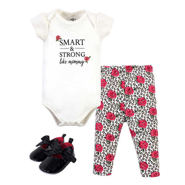 Little Treasure Baby Girl Cotton Bodysuit, Pant and Shoe 3 Piece Set, Leopard Rose