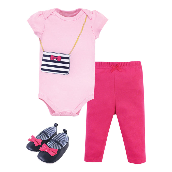 Little Treasure Baby Girl Cotton Bodysuit, Pant and Shoe 3 Piece Set, Navy Pink Purse