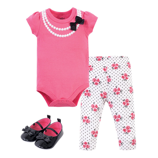 Little Treasure Baby Girl Cotton Bodysuit, Pant and Shoe 3 Piece Set, Pink Pearls