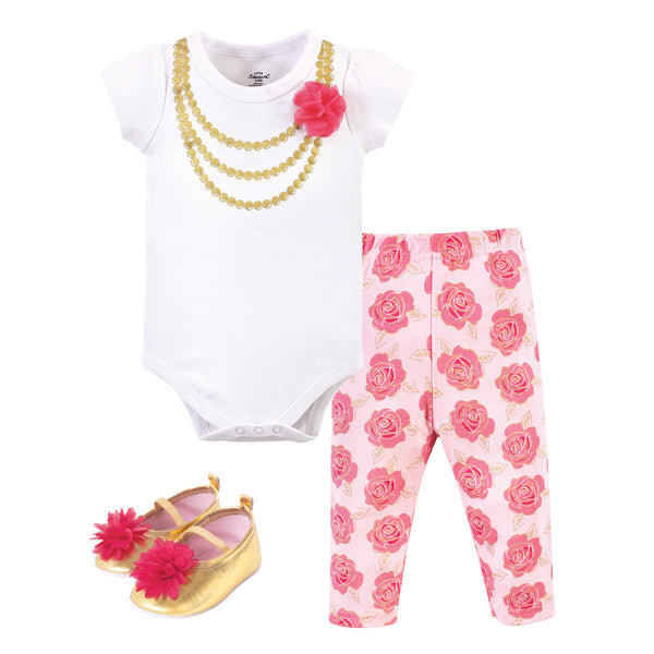 Little Treasure Baby Girl Cotton Bodysuit, Pant and Shoe 3 Piece Set, Dk. Pink Gold Rose