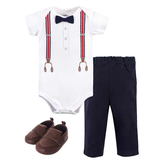 Little Treasure Baby Boy Cotton Bodysuit, Pant and Shoe 3 Piece Set, Red Navy Suspenders
