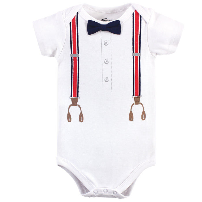Little Treasure Baby Boy Cotton Bodysuit, Pant and Shoe 3 Piece Set, Red Navy Suspenders