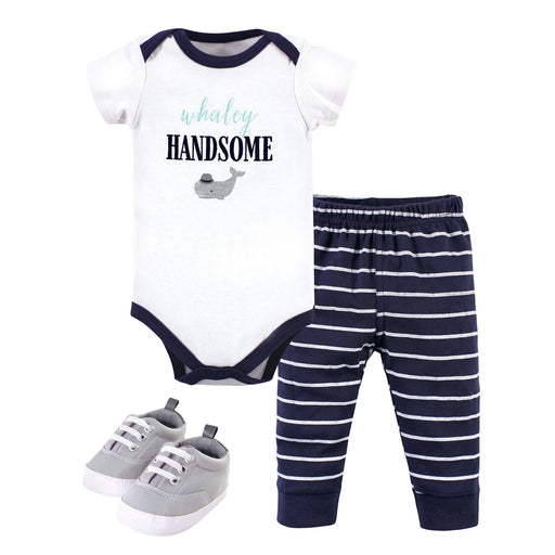 Little Treasure Baby Boy Cotton Bodysuit, Pant and Shoe 3 Piece Set, Whaley Handsome