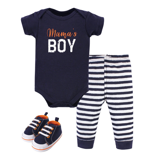 Little Treasure Boy Cotton Short Sleeve Bodysuit, Pant and Shoe Set, Mamas Boy