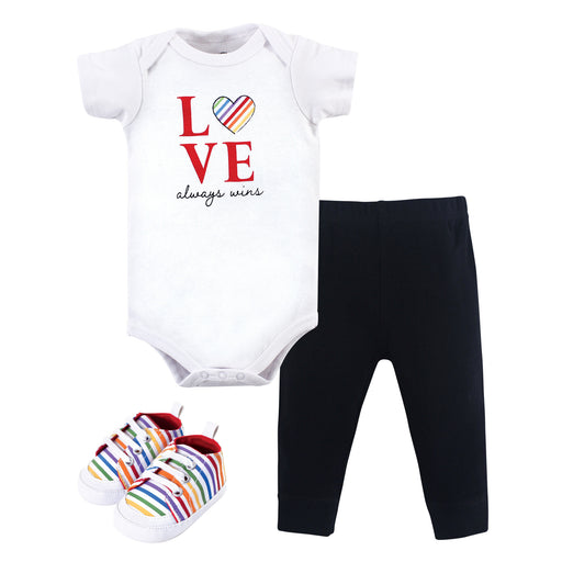 Little Treasure Baby Cotton Bodysuit, Pant and Shoe 3 Piece Set, Love Always Wins