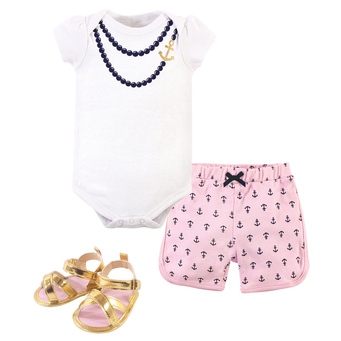 Little Treasure Baby Girl Cotton Bodysuit, Pant and Shoe 3 Piece Set, Anchor Necklace
