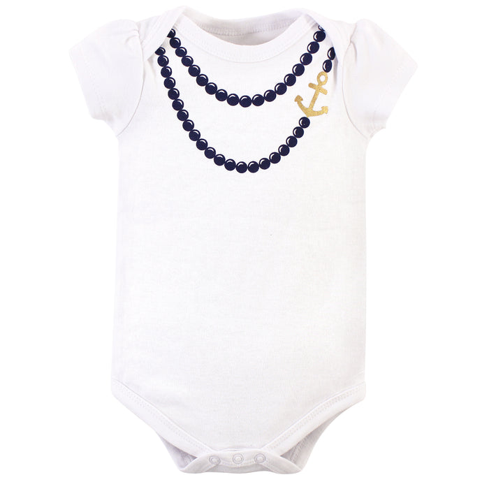 Little Treasure Baby Girl Cotton Bodysuit, Pant and Shoe 3 Piece Set, Anchor Necklace