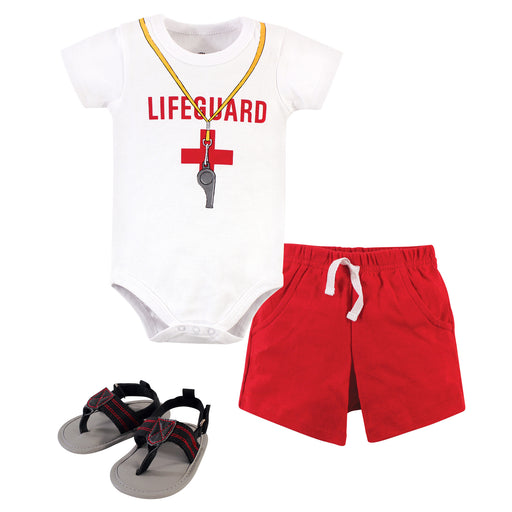 Little Treasure Baby Boy Cotton Bodysuit, Pant and Shoe 3 Piece Set, Lifeguard